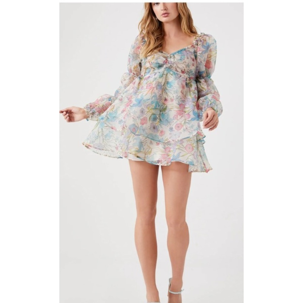 Forever 21 Floral Pastel Organza Puff Sleeve Babydoll Mini Dress Vtg Y2K Medium - Picture 2 of 16